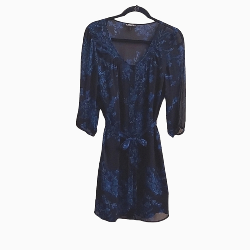 EXPRESS Blue Floral Sheer Shirt sz S Dress with Attached Slip